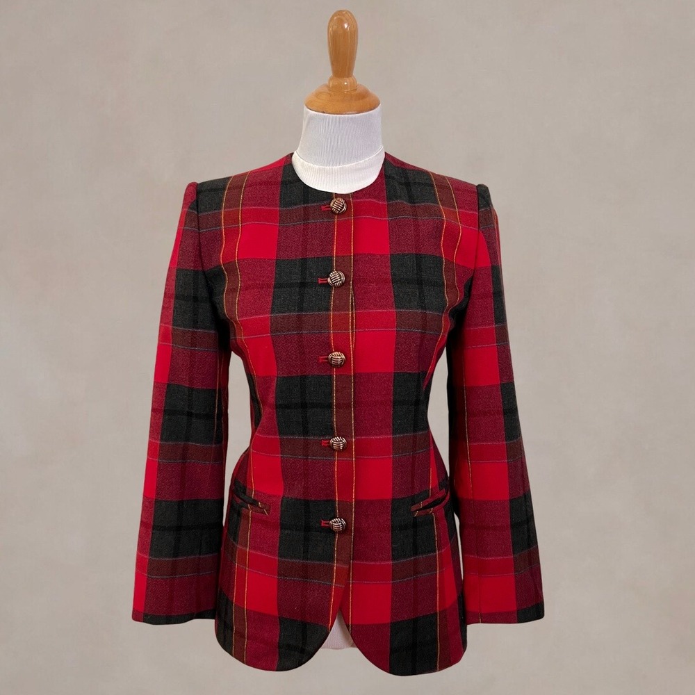 Vintage 90s Kate McNaughton Red Plaid Blazer Gold Button Tartan Jacket Petite 4